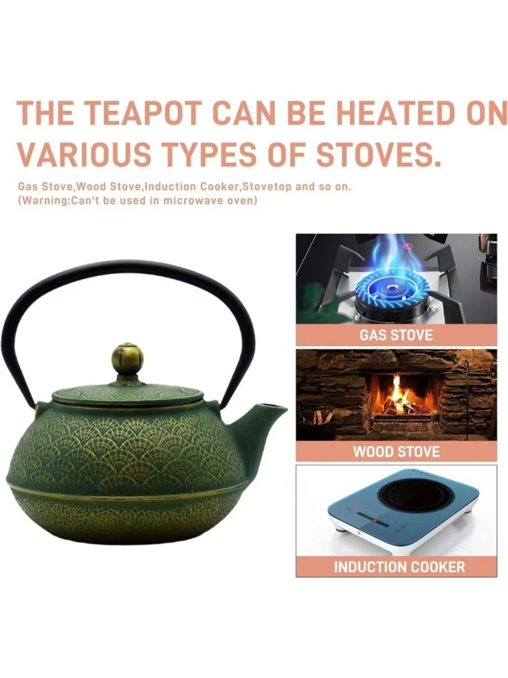 Green Cast Iron Teakettle 900ml Enameled Interior Stovetop Safe Kitchen Teapot
